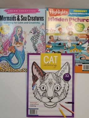 Highlights Magazine Mermaid Coloring Book And Cat Coloring Book Lot Of 3